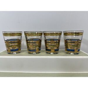 Set of 4 Vintage Culver Empress MCM Shot Glass 22kt Gold Green Blue Stripe